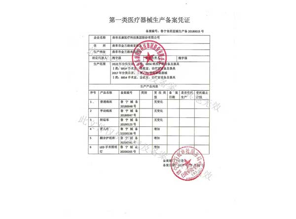 第一類醫(yī)療器械生產(chǎn)備案憑證